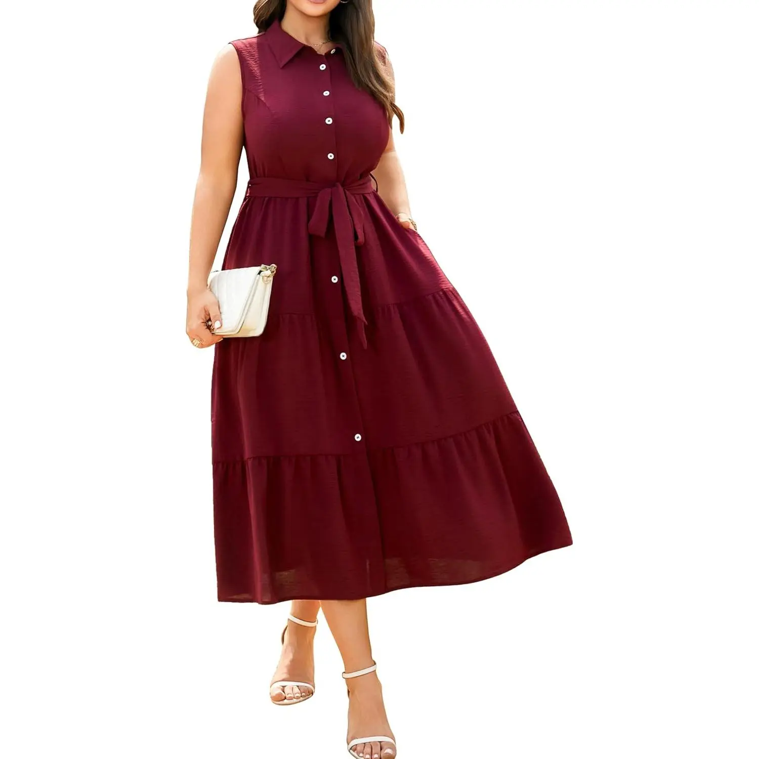 RWJ Women's Plus Size Summer Sundress 2026 Sleeveless Dresses with Pockets| Button Down, V Neck, Tiered, Solid Color, Shirt Dresses, Split Belt Dress, Midi Length, Spring Fall, Boho, Teacher Dresses