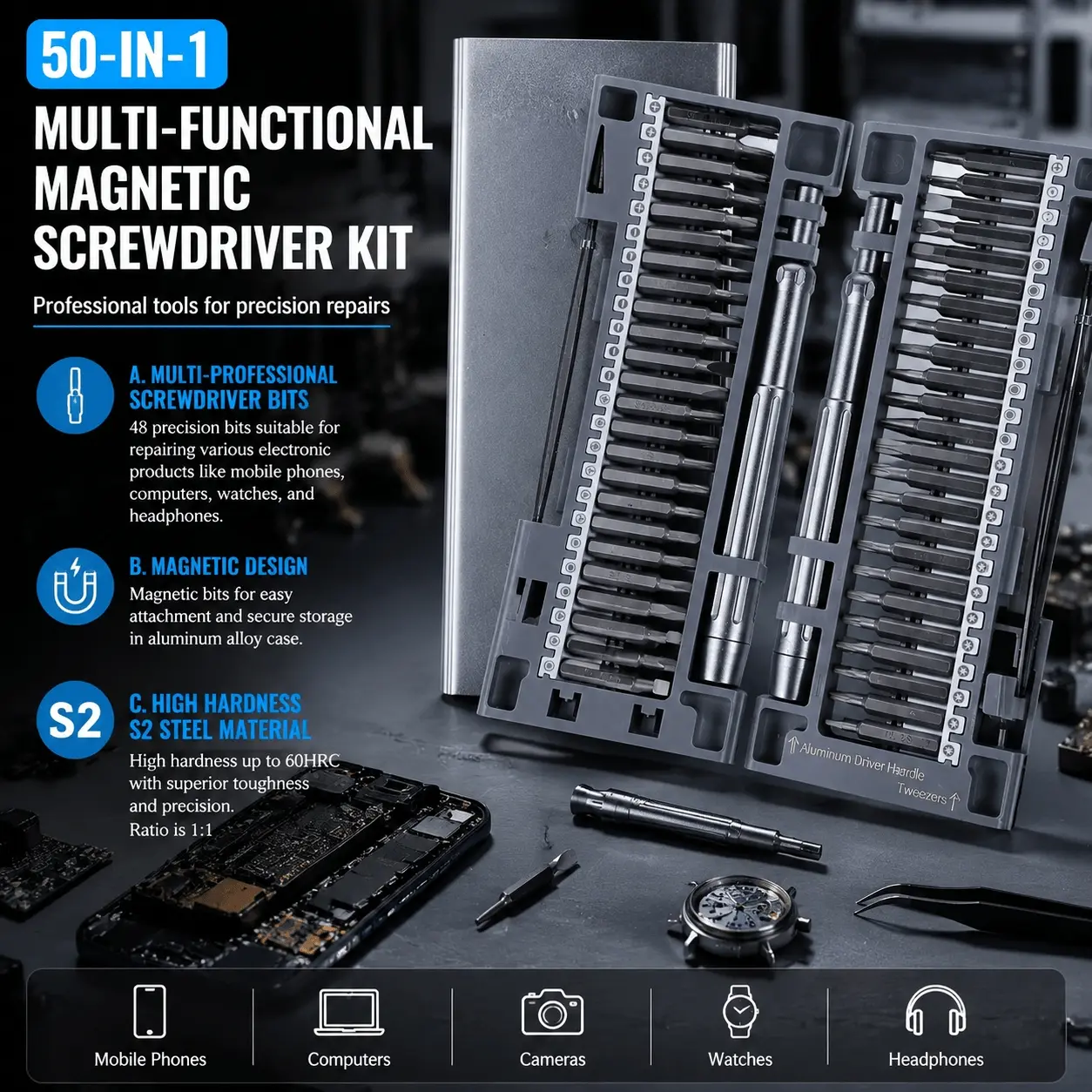 50-in-1 Magnetic Screwdriver Set - Precision Electronics Repair Kit with Professional Torx, Hex, Phillips Bits for Phones, Laptops, Watches, Drones & Toys. Quick-Change Tool & Anti-Slip Handle in Portable Case. Essential Toolkit.