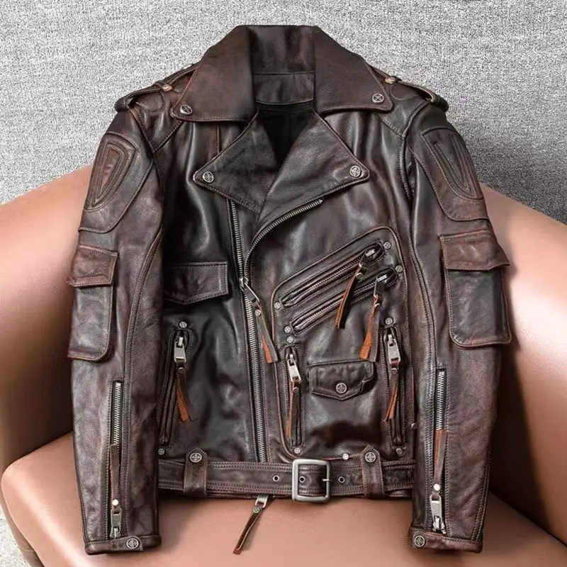 Copersian Men's Natural Leather Motorcycle Jacket Top Layer Causal Vintage Retro Moto Suit Leather Coat  Dropshipping Factory