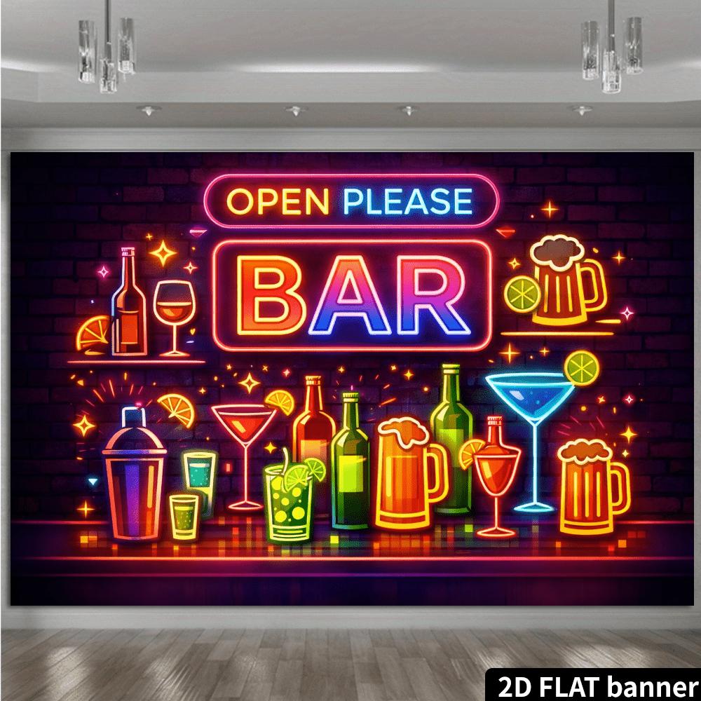 2D Flat Neon Bar Themed Backdrop with "OPEN PLEASE BAR" Style, Featuring Bartender Tools, Beer Mugs, and Cocktail Elements. Made of Durable, No Power Supply Needed. Suitable for Bar Decor, Party Setup, and P