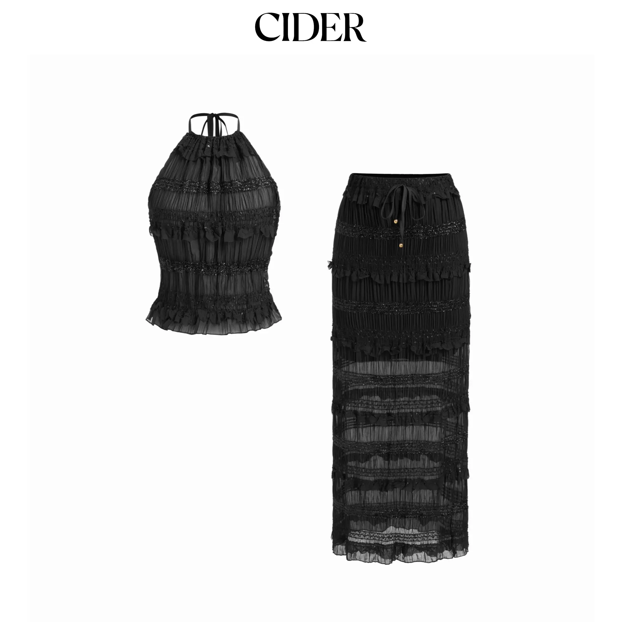 Cider Jacquard Textured Ruffled Top & Mid Rise Bodycon Maxi Skirt Set