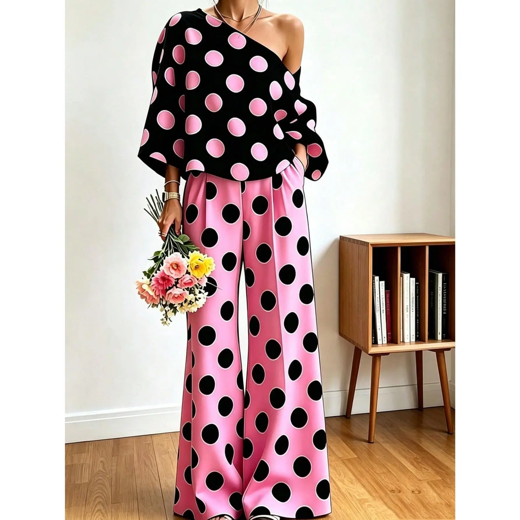 Women's Asymmetrical 1-Shoulder Polka Dot Top & High-Waist Wide-Leg Trouser 2-Piece Set - Black-Pink Contrast, Comfortable Loose Casual Regular-Size Lady Outfit with Geometric Fabric Bottom Long Sleeve Clothes, Polka Dot Set Suits Sweatpants