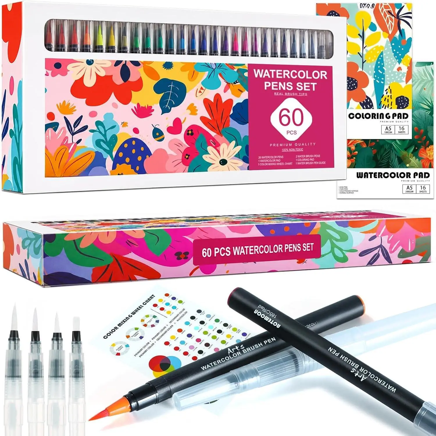 60 count Watercolor Pens Set with 52  Colors, Real Brush Tip Markers | Art Supplies  Set with 52 Watercolor Brush Pens, 4 Blender Pens, Watercolor & Coloring Pad for Beginners Students Adults