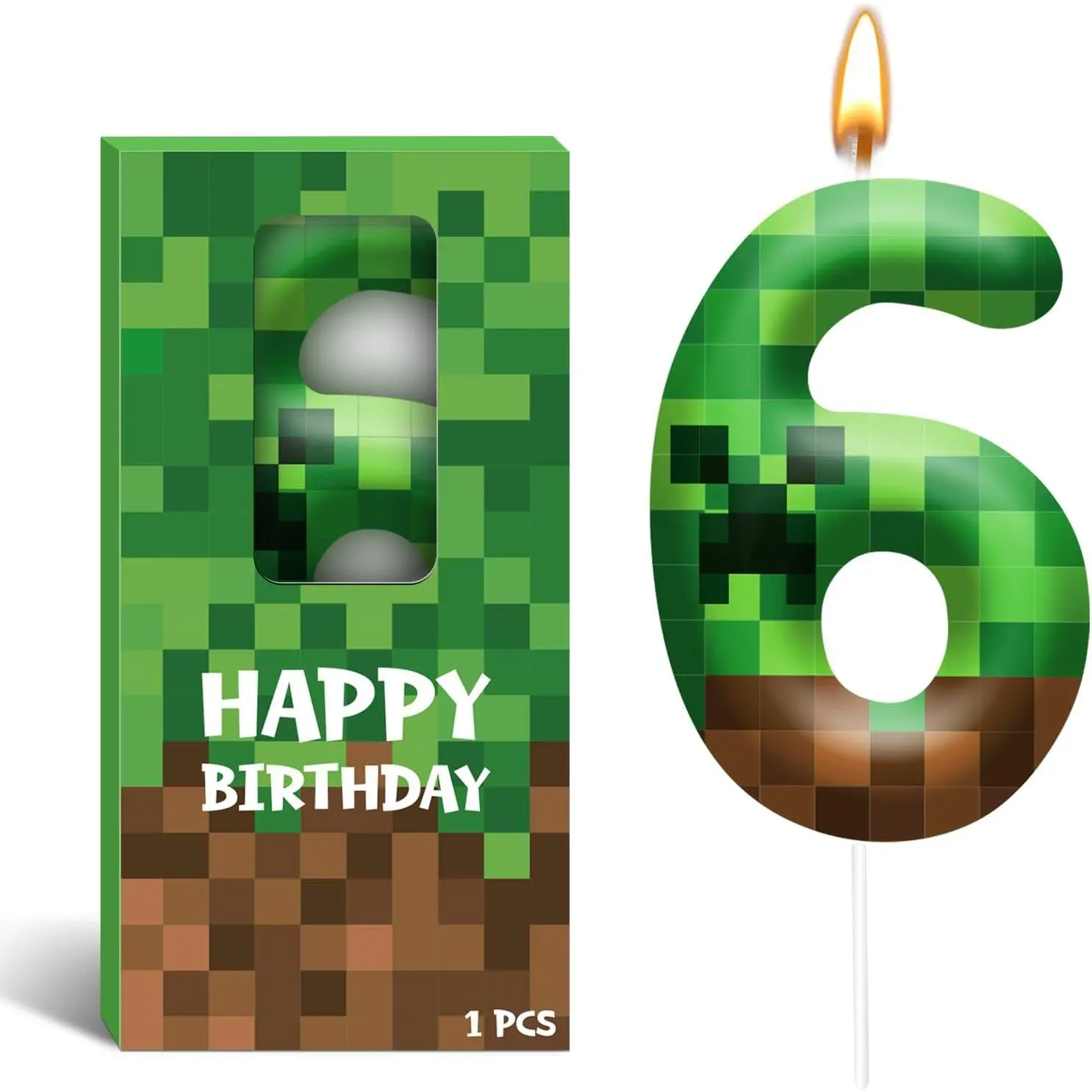 2.36 Inch Green Miner Number 6 Birthday Candle, Game Theme Cake Topper Candle for Birthday Party Decoration Party Supplies