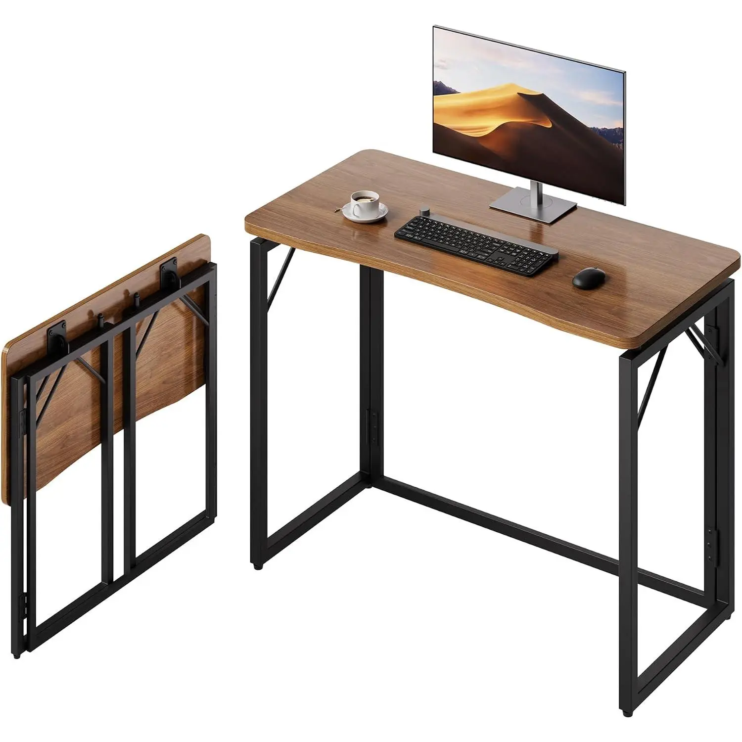 31.5" Folding Desk - Brown, No Assembly Small Foldable Desk for Home, Office, Wooden Top Folding Computer Desk for Working, Writing, Studying