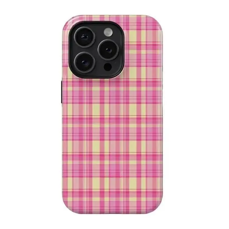 Aesthetic Print Pink-Yellow Plaid iPhone Series Phone Case - Strawberry Design Fade-Proof IMD Protect Cover, Non-MagSafe iOS Mobile Phone Accessory