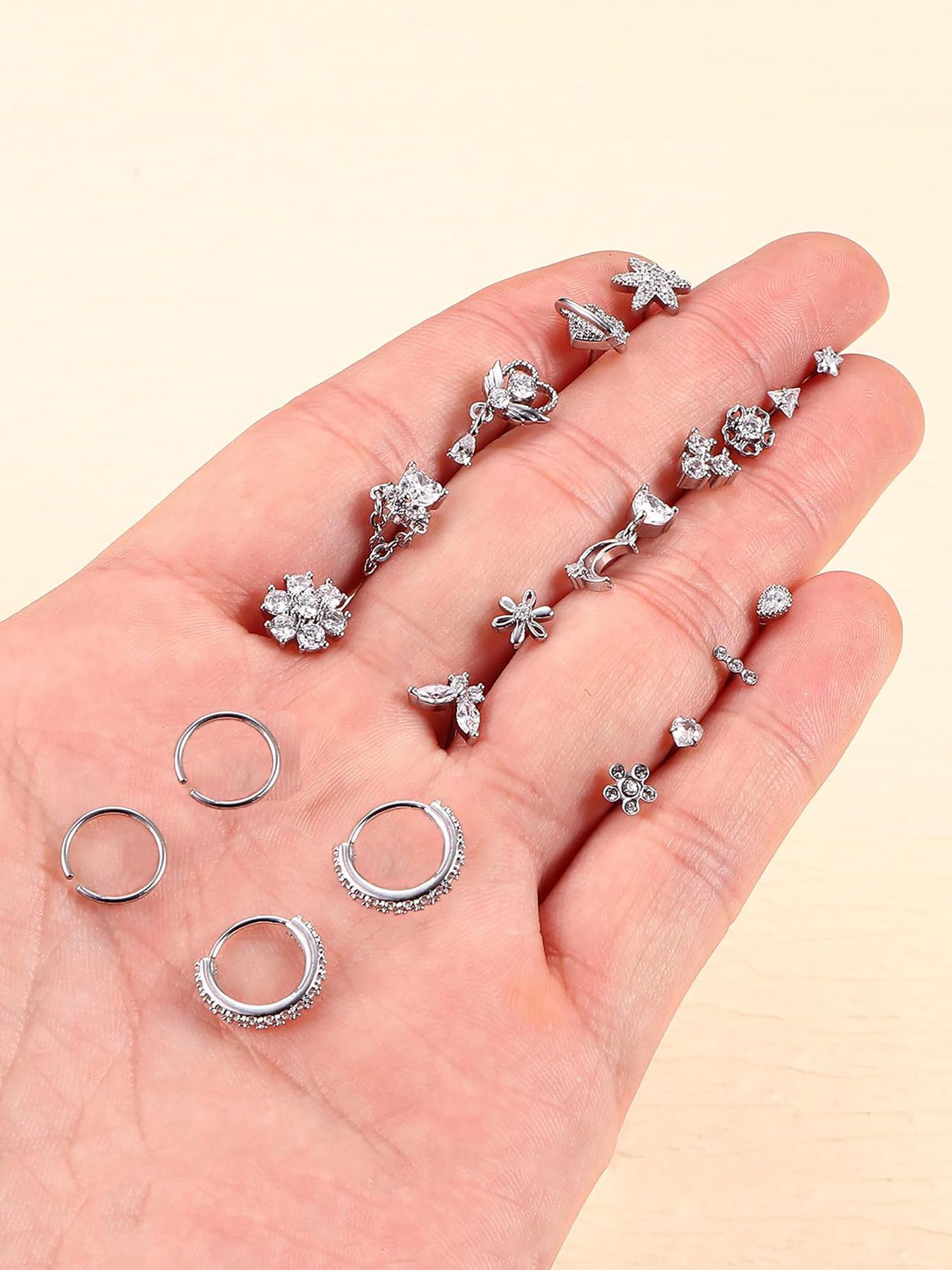 L Shaped Nose Ring, Stainless Steel Nose Studs Ring, Dangle CZ Butterfly Flower Nose Studs Hoops Piercings Jewelry Gift for Women Men, Nose Piercings Kit