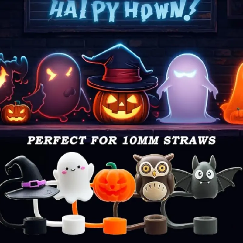 Halloween Silicone Straw Covers, 5-Pack, Compatible with 30/40oz Cups, Reusable, Ghost Pumpkin Witch Bat Designs, Party Gift, Decorations