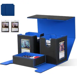 Card Deck Box with Commander window Display, MTG Deck Box with Dice Tray Holds 200+ Double-Sleered Cards,Card Storage Case fit for YuGiOh,MTG,Sport (Black&Blue)