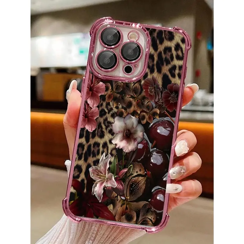 Leopard Print Cherry Silicone Smartphone Protective Case for iPhone 11-17, TPU Cover with Transparent Soft Anti-Slip Design, Corner Drop Protection, Camera Protector & Handheld Compatibility, Ideal Holiday Gift Accessory,summerwins