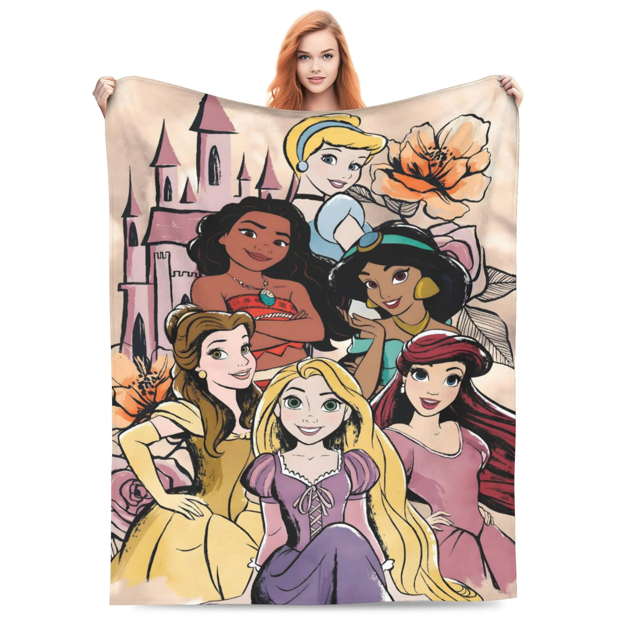 DISNEY CLASSIC Princess Sketch Castle Throw Blanket, Belle Rapunzel Ariel Cinderella Moana Jasmine Floral Vintage Cartoon Print Flannel Fleece Blanket Soft Cozy Blanket for Sofa Bed Gift for Girls