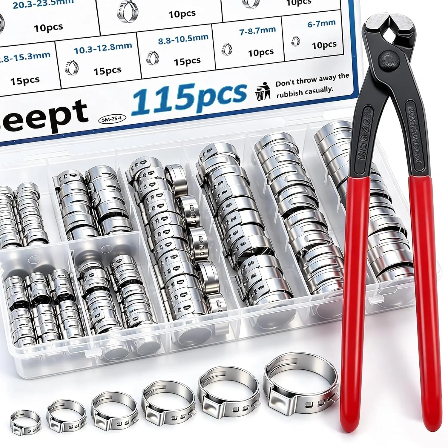 115Pcs 10-Sizes 304 Stainless Steel Single Ear Hose Clamps Assortment Kit with Pliers - 6-28.6mm Stepless Crimp Clamps for Auto, Home Appliance, Pipe, Fuel Line