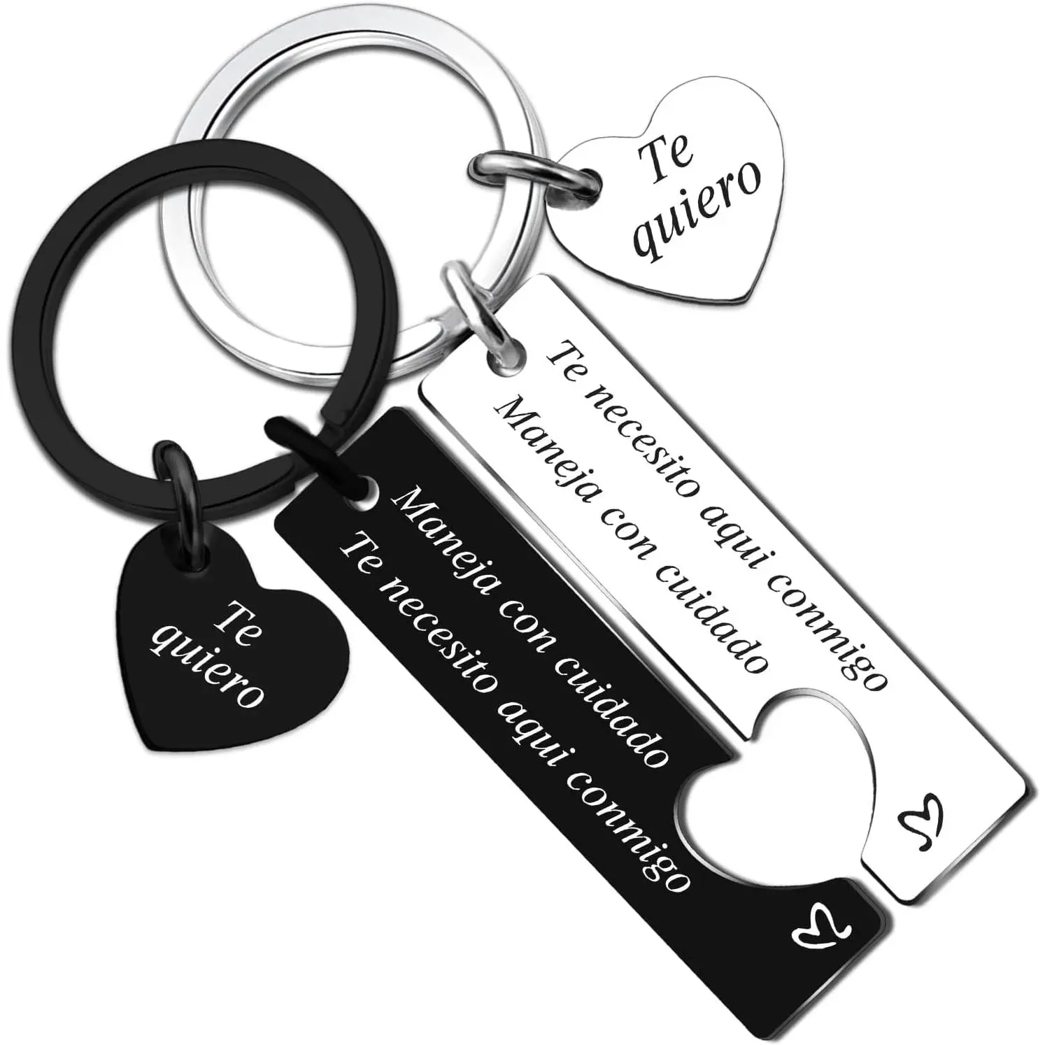 Matching Keychain Set for Couples, Modern Stainless Steel with Engraved Phrase "Maneja Con Cuidado Te Necesito Aqui Conmigo", Romantic Anniversary Gift and Safety Reminder for Him