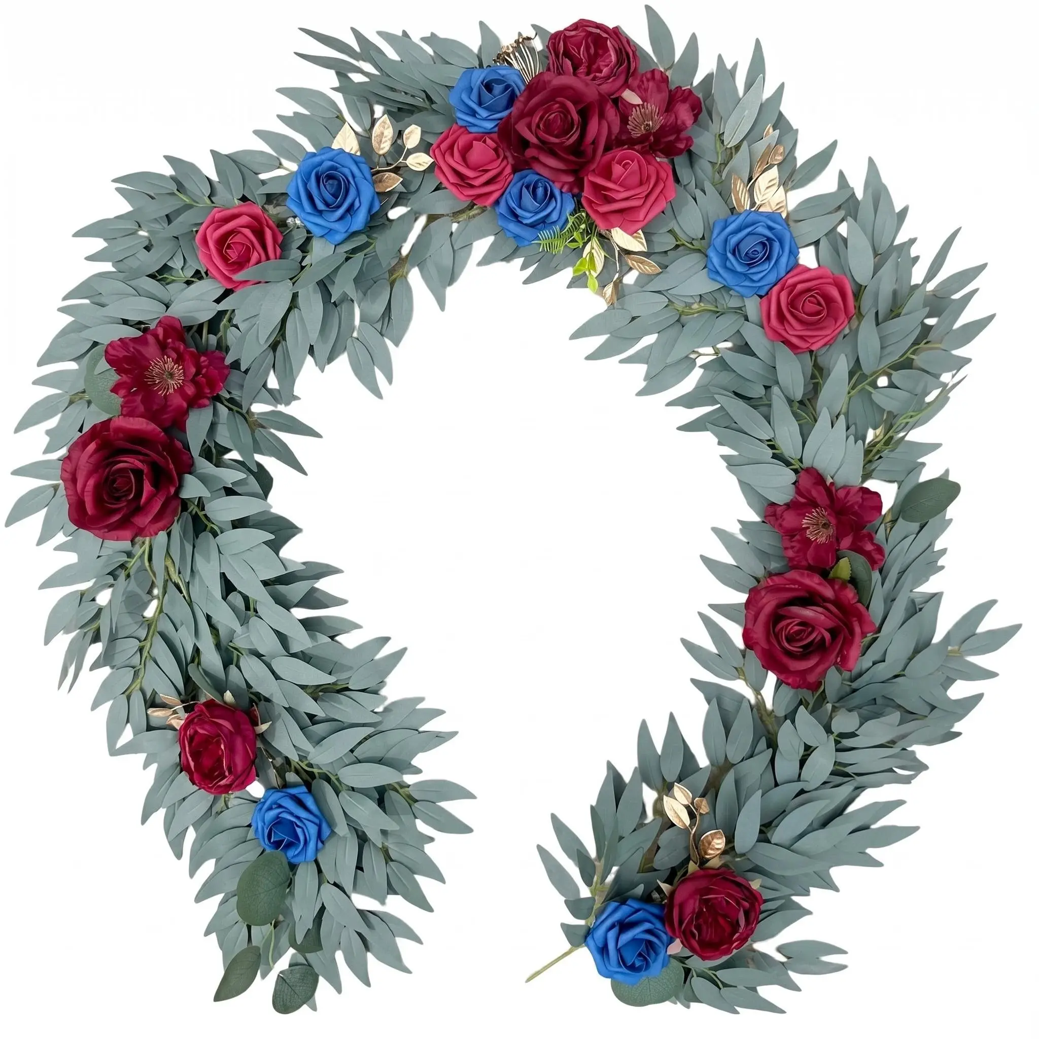 1 PC Artificial Flower Eucalyptus Floral Garland, Burgundy & Blue Faux Rose Long Swag, Symmetrical Curved Floral Wreath for Wedding Arch Wall Hanging Home Party Store Event Holiday Decor