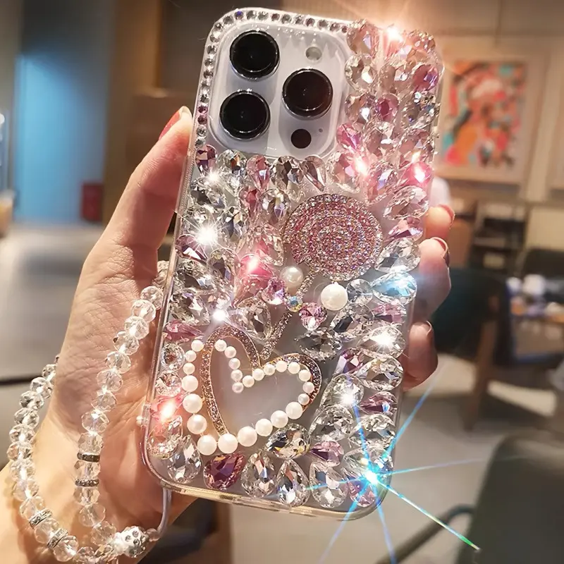 Cute Crystal Pink Waveboard Sugar Bead Heart Smartphone Case for Women, Luxurious Stylish Anti-Drop Shockproof Protector, Compatible with iPhone 16-17, Durable Handheld Mobile Device Accessories for Daily Use