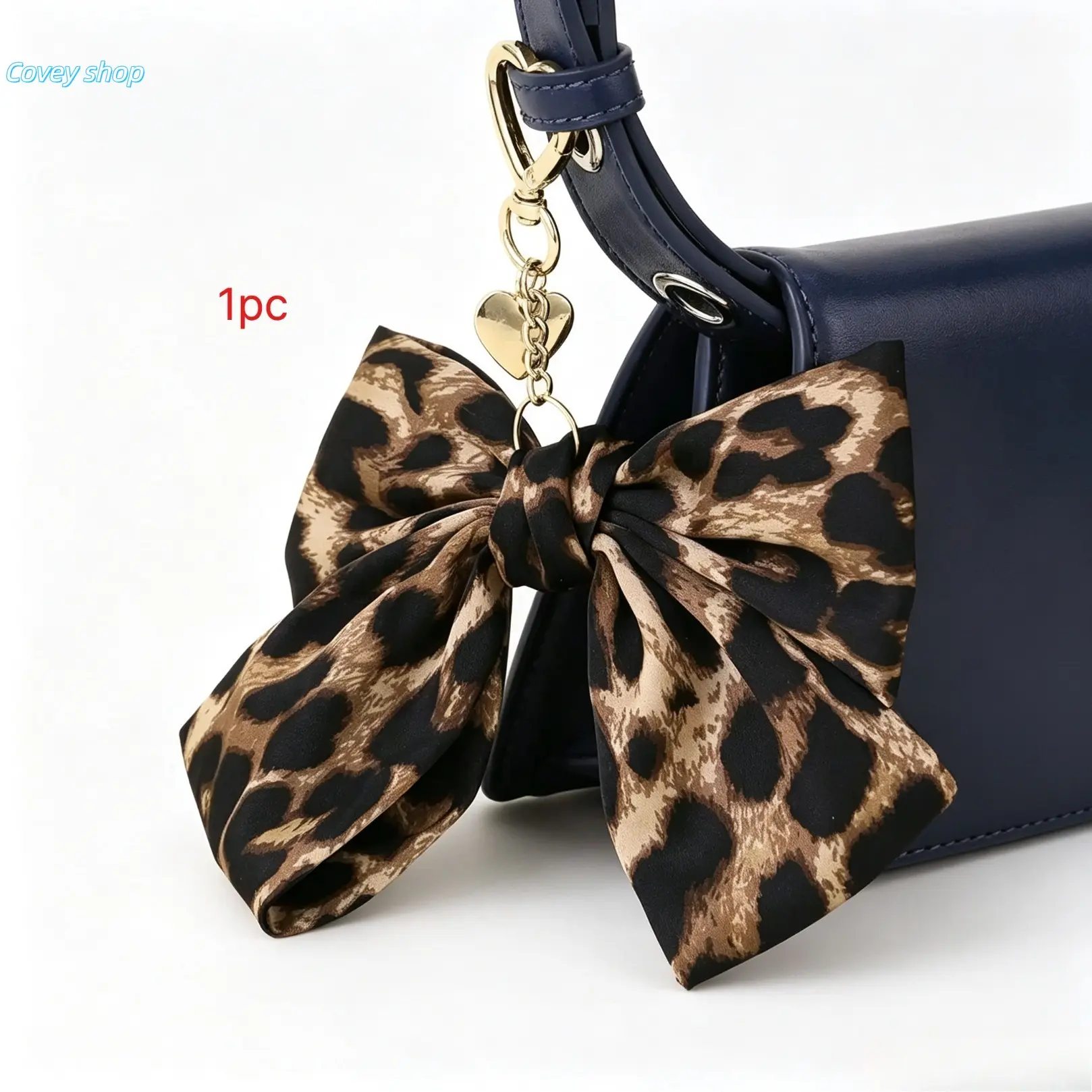 Leopard Print Fabric Bow Bag Charm With Gold Heart Pendant, Spring Clasp Keychain Accessory, Vintage Decorative Pendant For Handbags, Crossbody Bags, Backpacks And Keys, Ideal Holiday Gifting