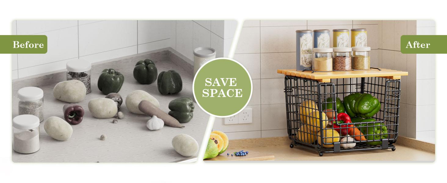 Wire Storage Basket for Kitchen Pantry: GGIU Stackable Kitchen Counter Organizers - Wire Organizing Bin for Produce Vegetable Potato and Onion Black