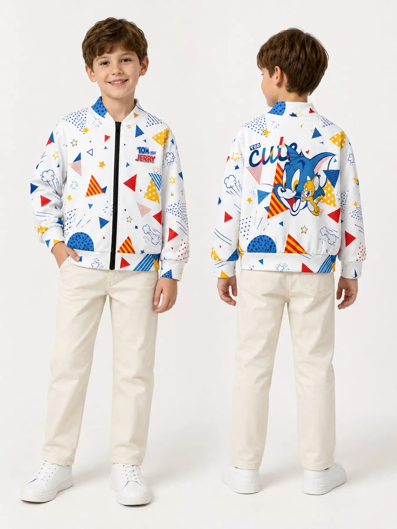 Warner Bros Tom and Jerry Kids Jacket, Cartoon Print Zipper Top, Fall Fashion, Long Sleeve, Slim Fit, Ages 6-14, Trendy Clothing