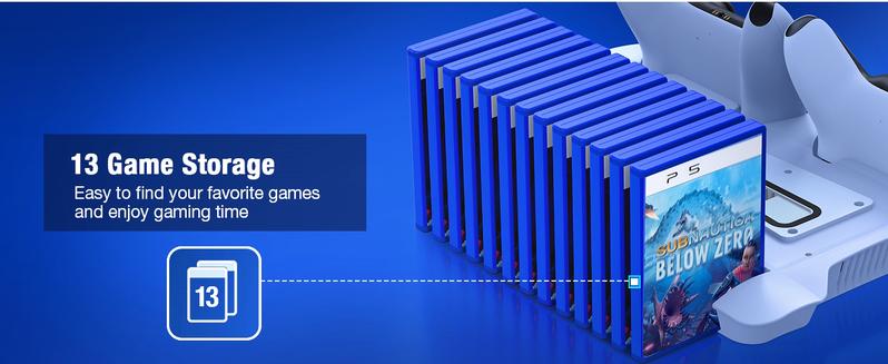 ESYWEN PS5 Pro/Slim Stand & Cooling Station with Controller Charging for PlayStation 5 Disc Digital Console, 3 Levels Fan, 13 Game Slots, 3 USB Hub, Headset Holder, Wearable