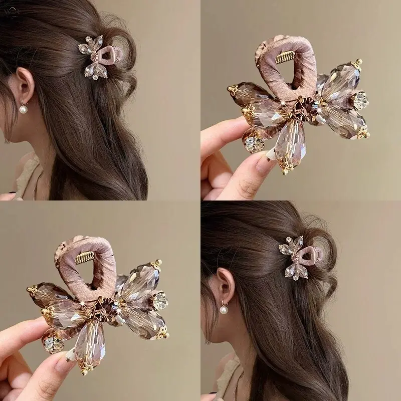 Crystal Flower Hair Claw Clip for Women, Velvet Wrapped Floral Rhinestone Grab Hair Clip, Elegant Small Jaw Clamp, Non Slip Fashion Hair Accessories for Half Up Hairstyle, 4 Colors Pink Black Green Gray Available