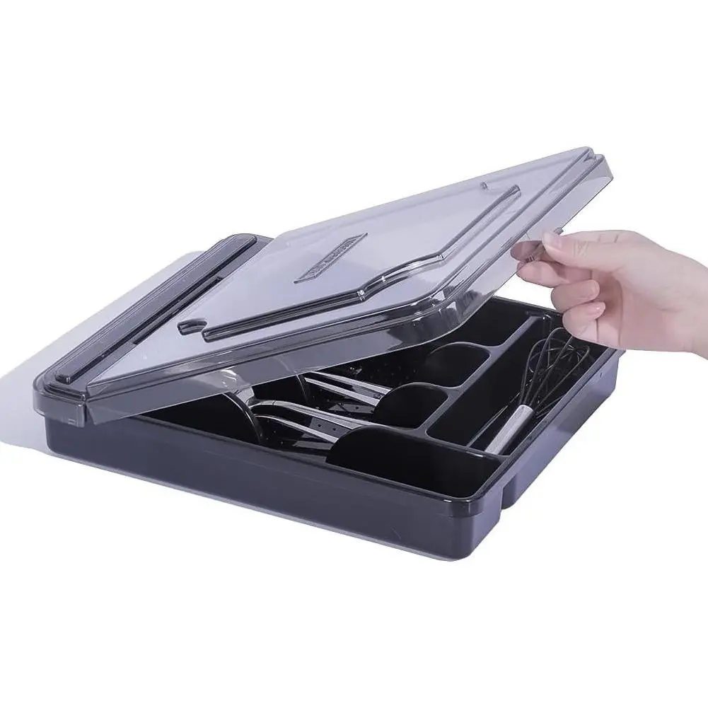 Silverware Organizer with Removable Lid, 5-Slot Utensil Drawer Caddy for Flatware, Cutlery, Knives, Forks, Spoons - BlackGift