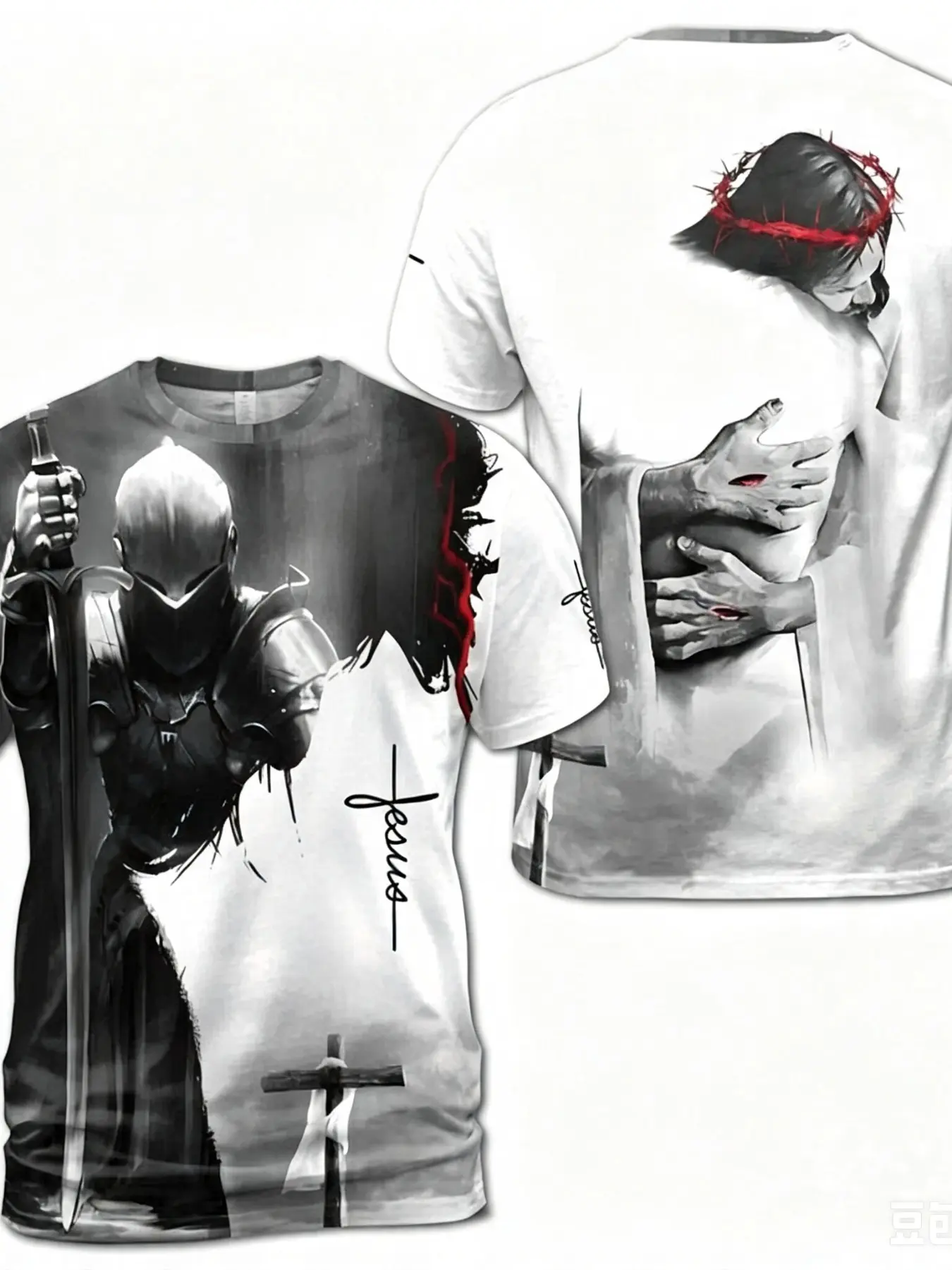 Jesus Thorn Crown Short Sleeve T-Shirt, Religious Theme Quick-Dry Top, Loose-Fit Casual Wear, All Seasons, Ink Style