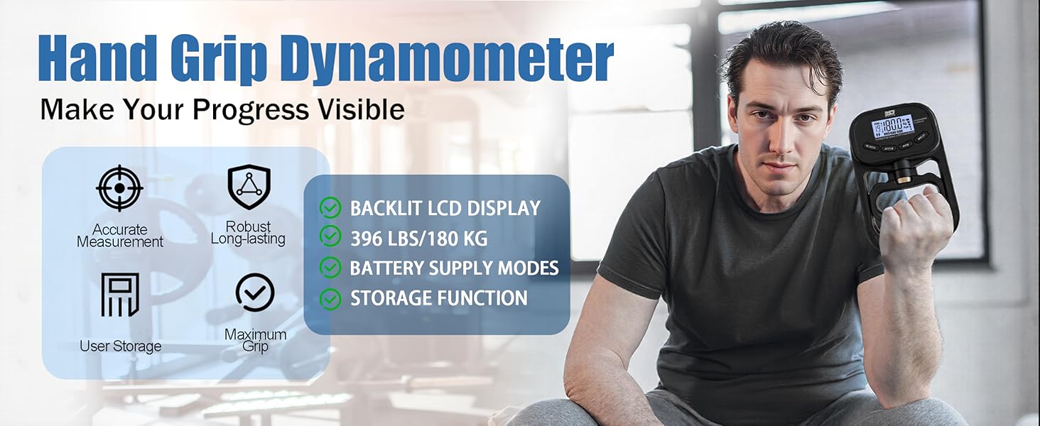 Hand Grip Strength Tester Trainer, 396lbs/180kg Hand Grip Dynamometer with LCD Display, Ideal for Sports, School, and Home Use(Battery Version)