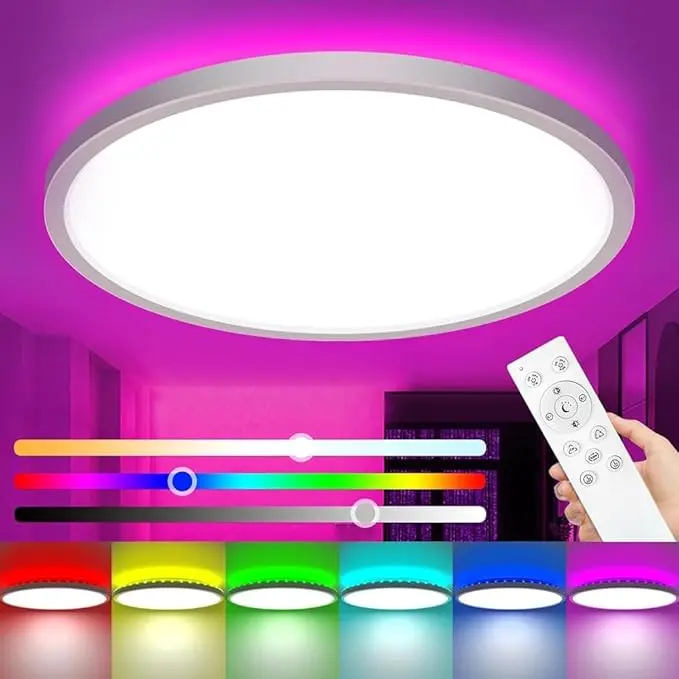 12in RGB Flush Mount LED Ceiling Light with Remote, 24W 2400LM 3000K-6500K Color-Changeable Dimmable Fixture, Polycarbonate PC Material, Timer Memory, Modern Design for Kids Bedroom Bathroom