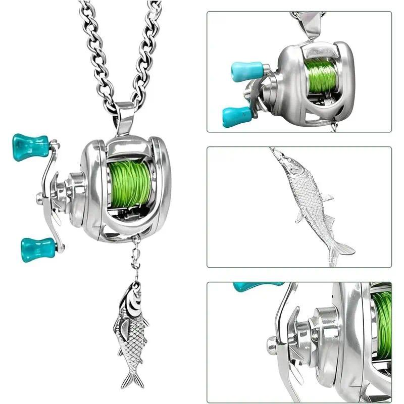 Functional Rotating Mini Fishing Reel Necklace, Real Moving Line Guide Pendant, Unique Fishing Jewelry Gift for Fishermen, Anglers & Fishing Enthusiasts