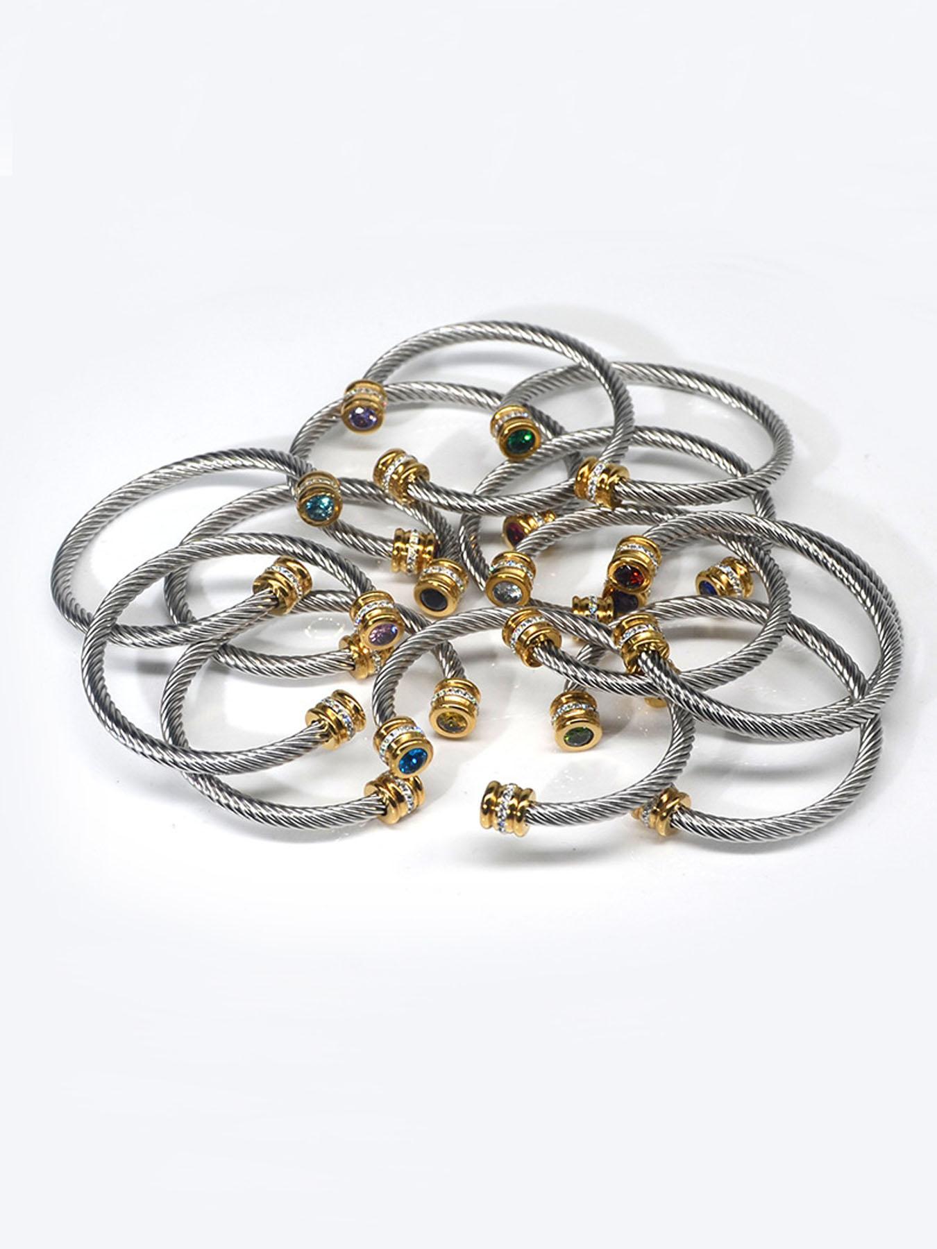 Unisex Casual Fashion Stainless Steel Birthstone Cuff Bracelet, Zinc Alloy Material, All-Season Wear, Rhinestone Design Bangle Bracelet