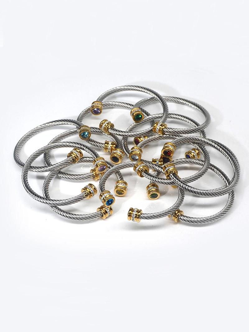 Unisex Casual Fashion Stainless Steel Birthstone Cuff Bracelet, Rhinestone Design, Zinc Alloy Chain, All Seasons Wear, Rhinestone Decor Bangles