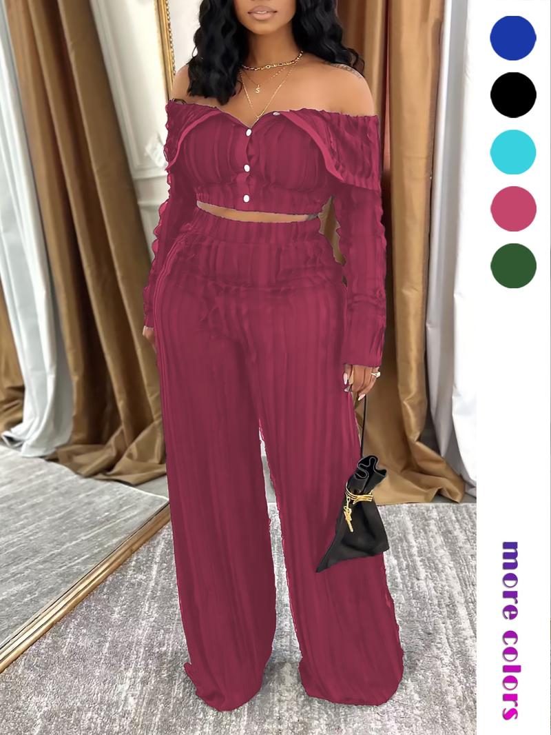 Lady 's Solid Off Shoulder Top & Wide Leg Pants Set, Elegant Loose Fashion Casual Two Piece Outfits for Daily Outdoor Wear, Casual Summer Set, Women Clothes for All Seasons, Womenswear