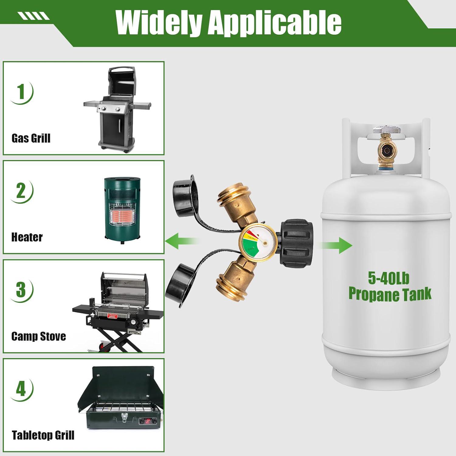 Propane Tank Y Splitter with Gauge and Shut-Off Valve, 2 Way Splitter Adapter Fitting for Gas Grills, Heaters, Camping Stoves, BBQ Griddles, Gas Burners