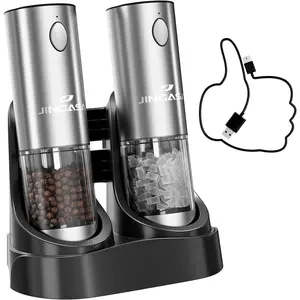 Electric Salt and Pepper Grinder Set, 95ml Large Capacity Automatic Pepper Mill with USB-C Charging Base & LED Light, Adjustable Coarseness Stainless Steel Spice Grinder 2-Piece Set