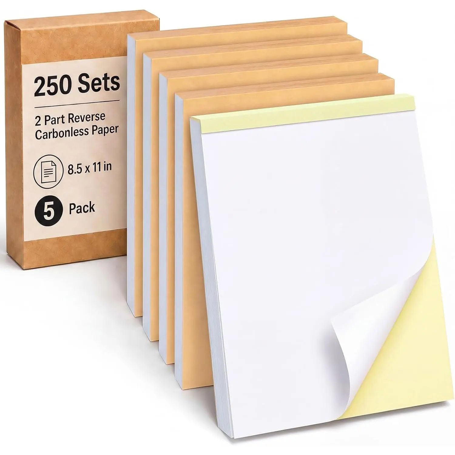 250 Sets 2 Part Reverse Carbonless Paper 8.5 x 11 Inches Pre Collated Printer Paper 5 Pack Ncr White Duplicate Notepad End-glued Lab Notebook for Invoices Receipts Business Forms