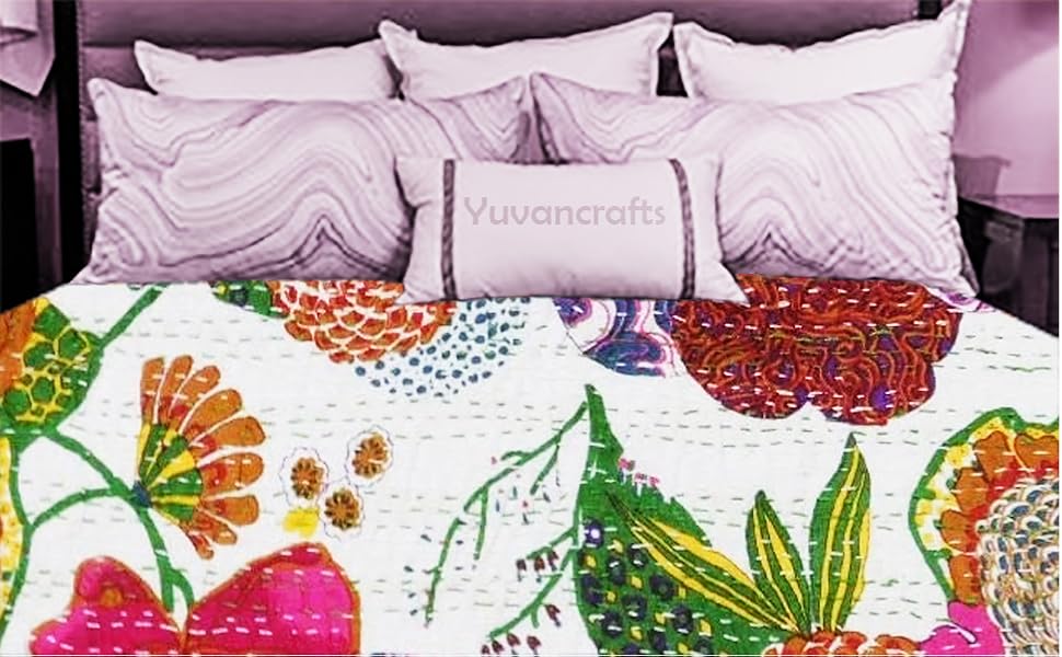 Indian Floral Print Twin Cotton Kantha Throw Blanket Bedspread Throw Gudari