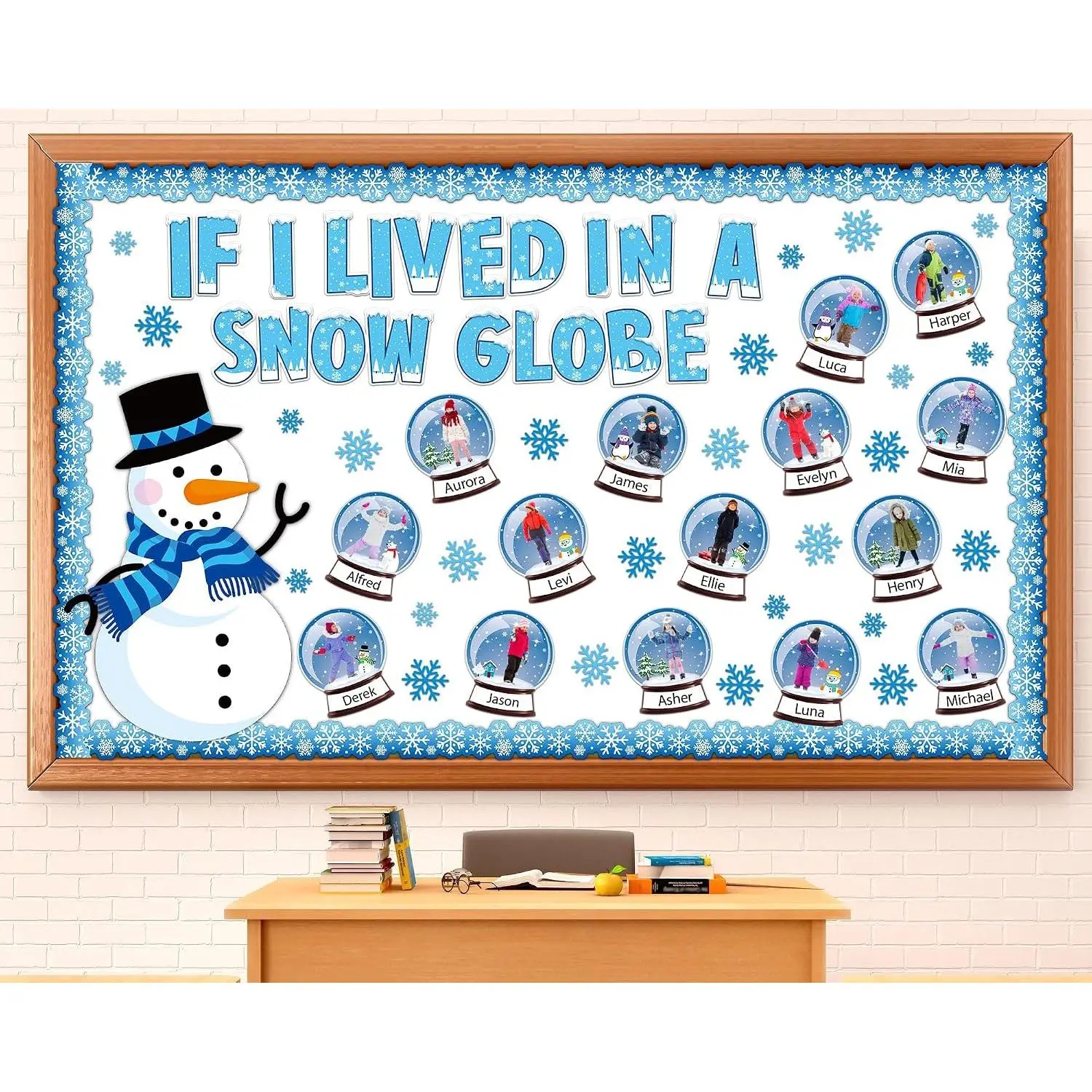 94 count Winter Bulletin Board Decorations Set Let It Snow Snowmen Paper Cutouts for Posting Photo Globe Cutouts with Snowflakes Borders Christmas January Holiday Classroom Chalkboard Wall Decor Supplies