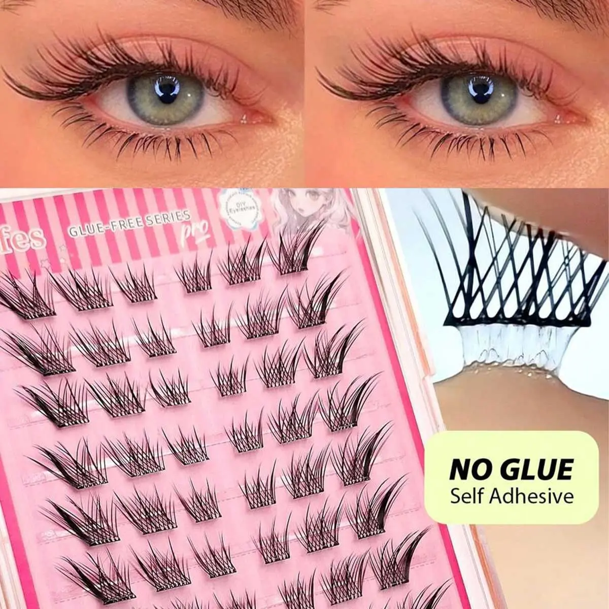 Fox Style Glue-Free Segmented False Eyelashes, C Curl Self-Adhesive, Lightweight Reusable, Soft Fluffy, Easy Application, Natural Look, Synthetic Lashes