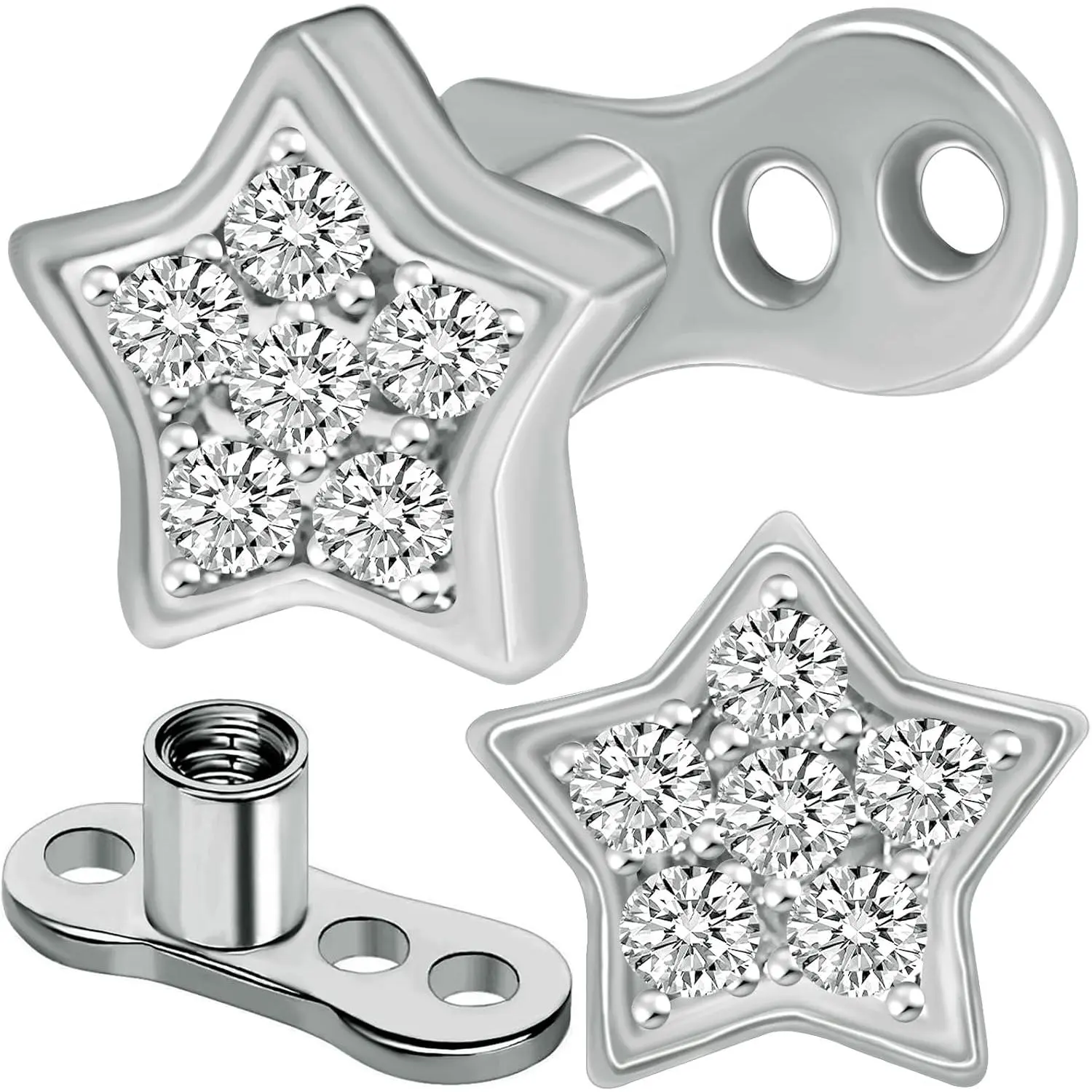 2pcs 14G Stainless Steel CZ Dermal Anchor Tops and Base Star-Shaped Cubic Zirconia Internally Threaded Microdermals Skin Body Piercings Jewelry Gift for Men Women