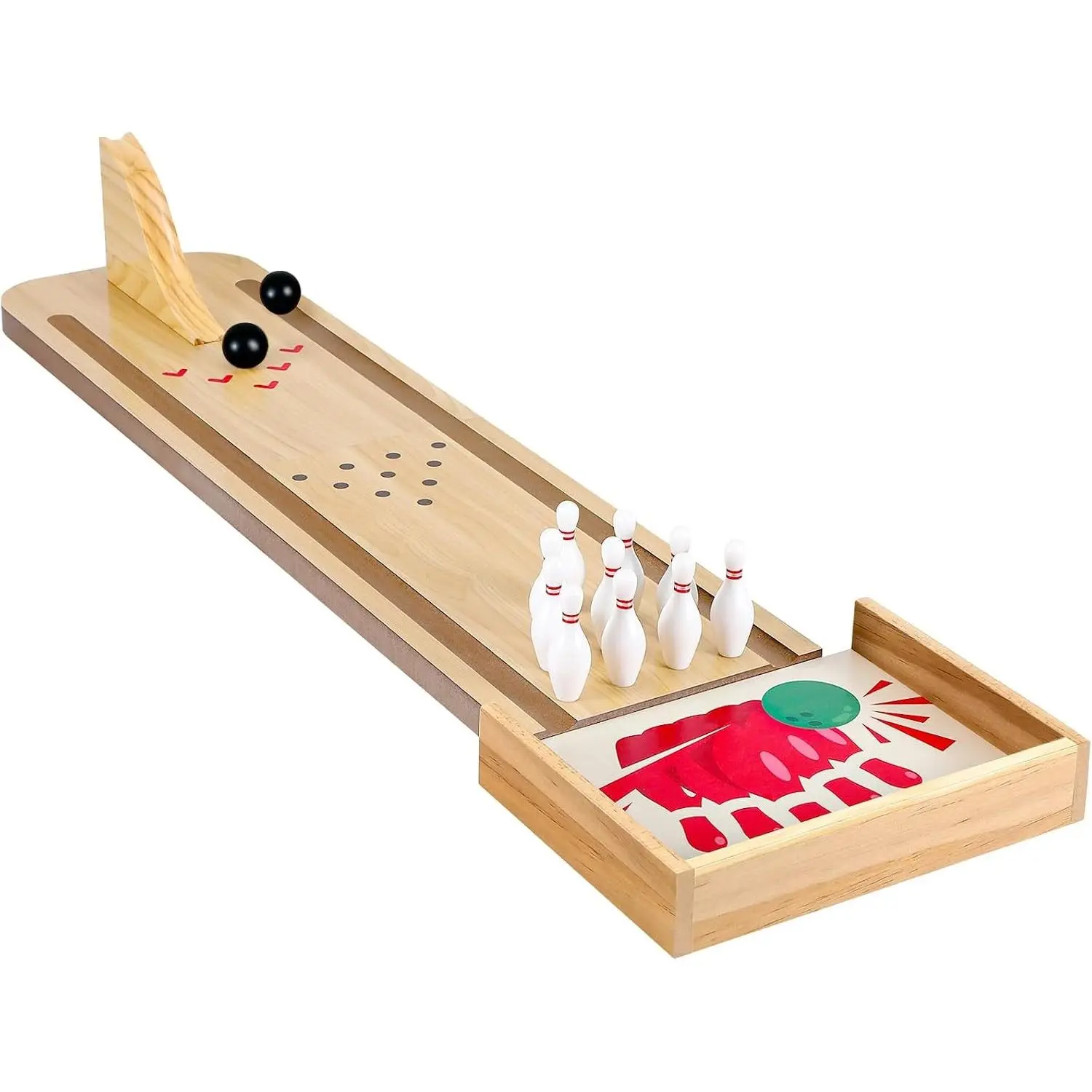 Compact Magnetic Splicing Mini Wooden Tabletop Bowling Game Set - Includes 1 Bowling Alley Board, 1 Launch Ramp, 2 Mini Balls, 10 Pins - Ideal for Christmas Party, Family Gathering, Includes Ramp