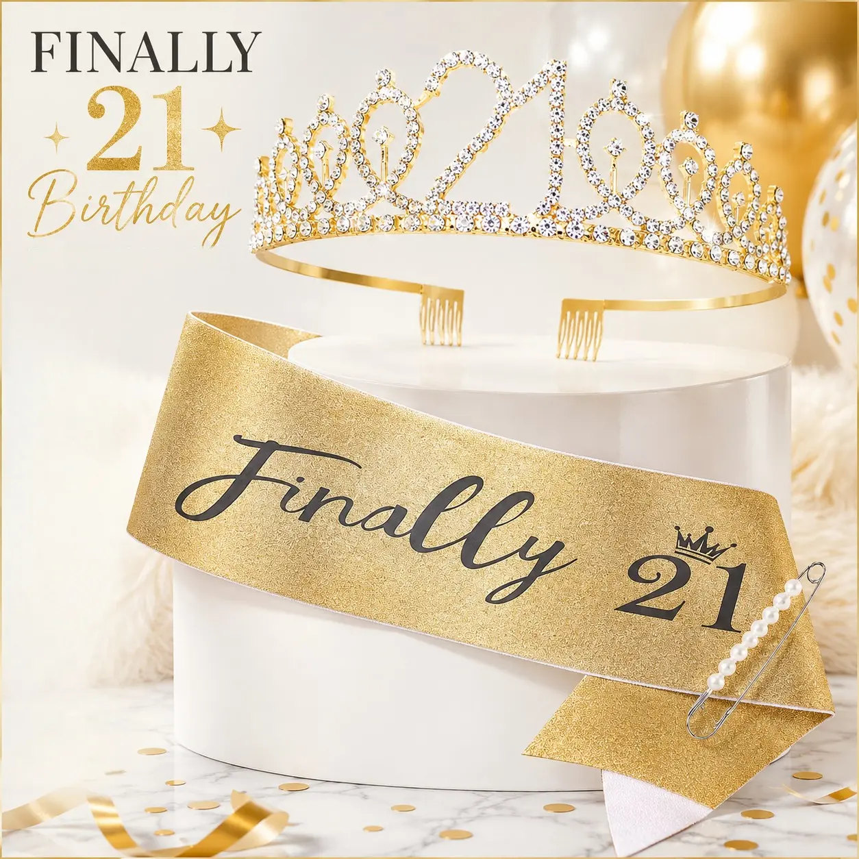 1 Set Finally 21 Birthday Tiara & Sash Set, Gold 21st Birthday Crown with Glitter Sash and Pearl Pin, Birthday Party Decorations for Women Girls