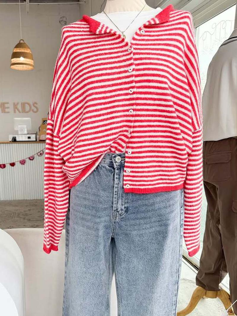 Women's Striped Casual Long Sleeve Loose Knit Sweater, Lightweight Fall & Winter Fashion, Button Front Open Front Design Women's Striped Casual Long Sleeve Loose Knit Sweater, Lightweight Fall & Winter Fashion, Button Front Open Front Design