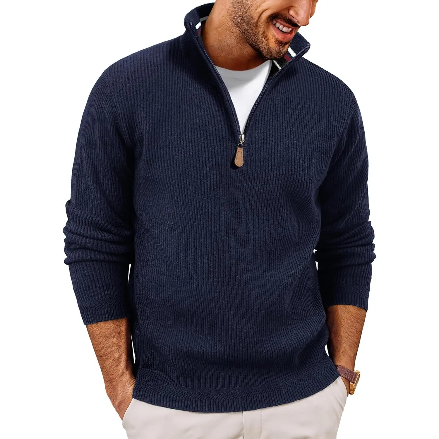 Mens Quarter Zip Pullover Sweaters Knit Dress Sweater | Soft Stretch Ribbed Knit, Mid-Weight, Warm, 1/4 Zipper, Regular Fit, Business Casual, Fall Winter, Daily, Work, Holiday