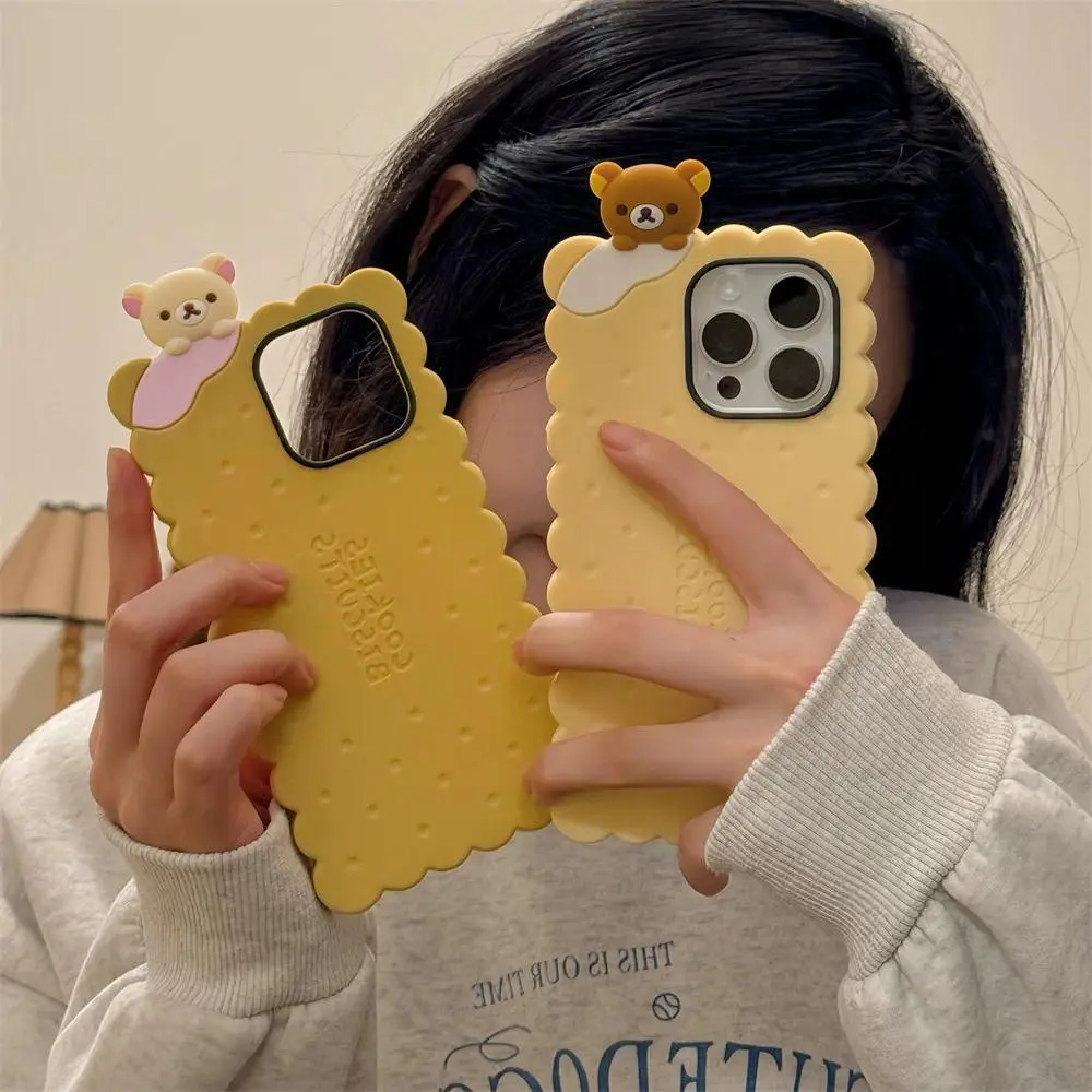 Multi-Model Soft Silicone Phone Case for iPhone 16,15,14,13,12,11 Pro,7,8 Plus,X,XS Max - Kawaii 3D Cartoon Sandwich Rilakkuma Biscuit Design, Easy Access to Ports, Shock-Absorbent Cover, Iphone 15, Secure, Easy Install