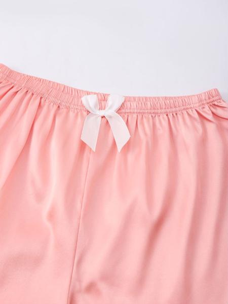 Women's Solid Contrast Binding Bow Decor Pajama Set, Short Sleeve Button Front Lapel Shirt & Shorts Pj Set, Ladies Summer Sleepwear & Loungewear