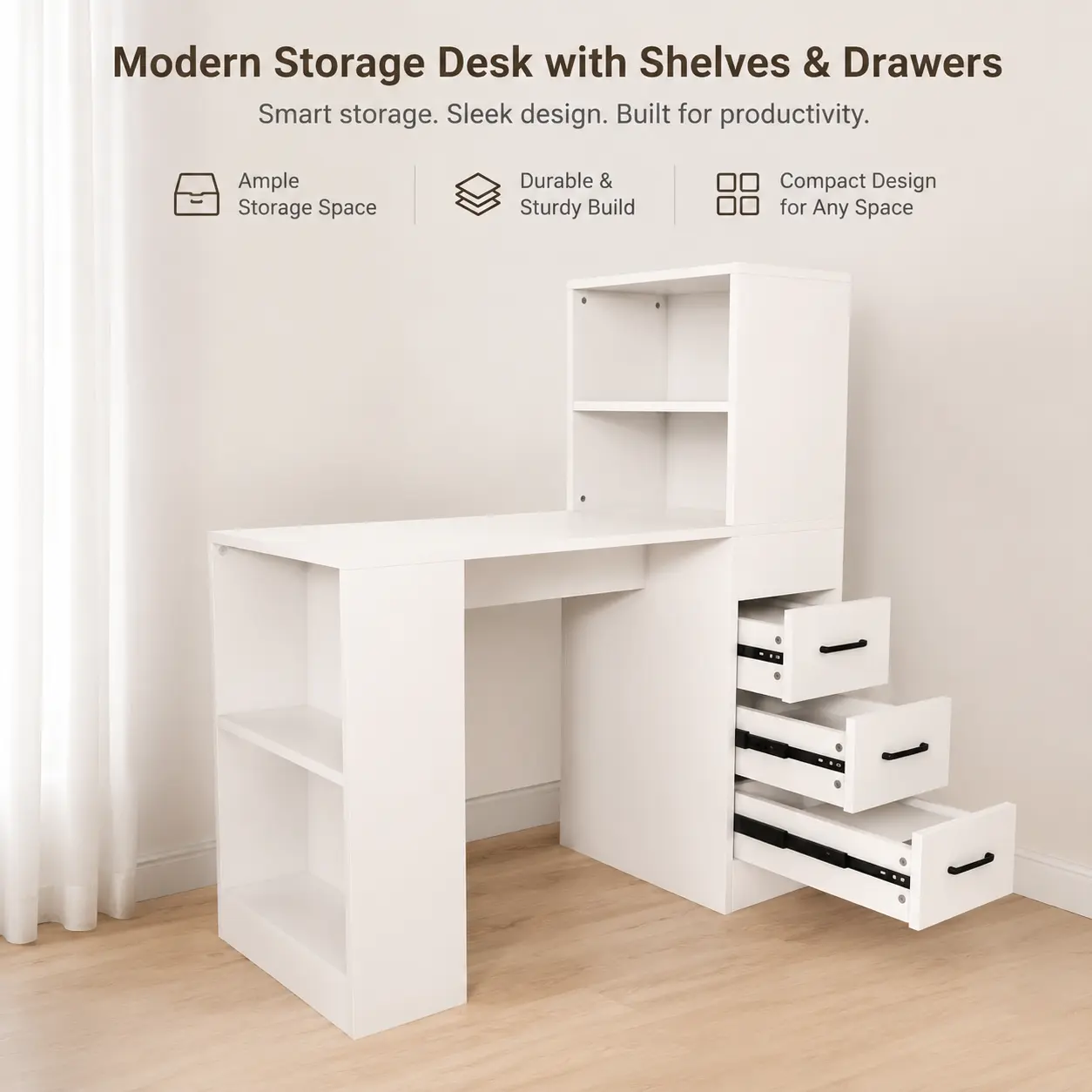 Littleox Wooden Computer Desk Built in 4 in 1 Socket with 3 Slide Drawers 4 Storage Levels Multifunctional Computer Armoires Fits Various Indoor Places