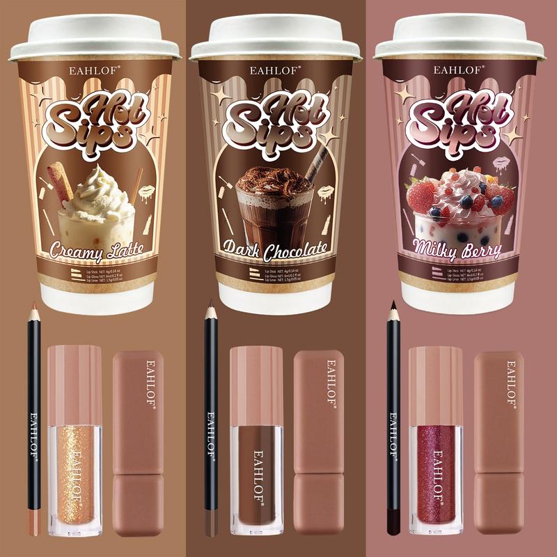 3pcs Hot Sips Coffee Lip Kits | Velvet Matte Trio(Liner+Stick+Gloss) | Day&Night Look
