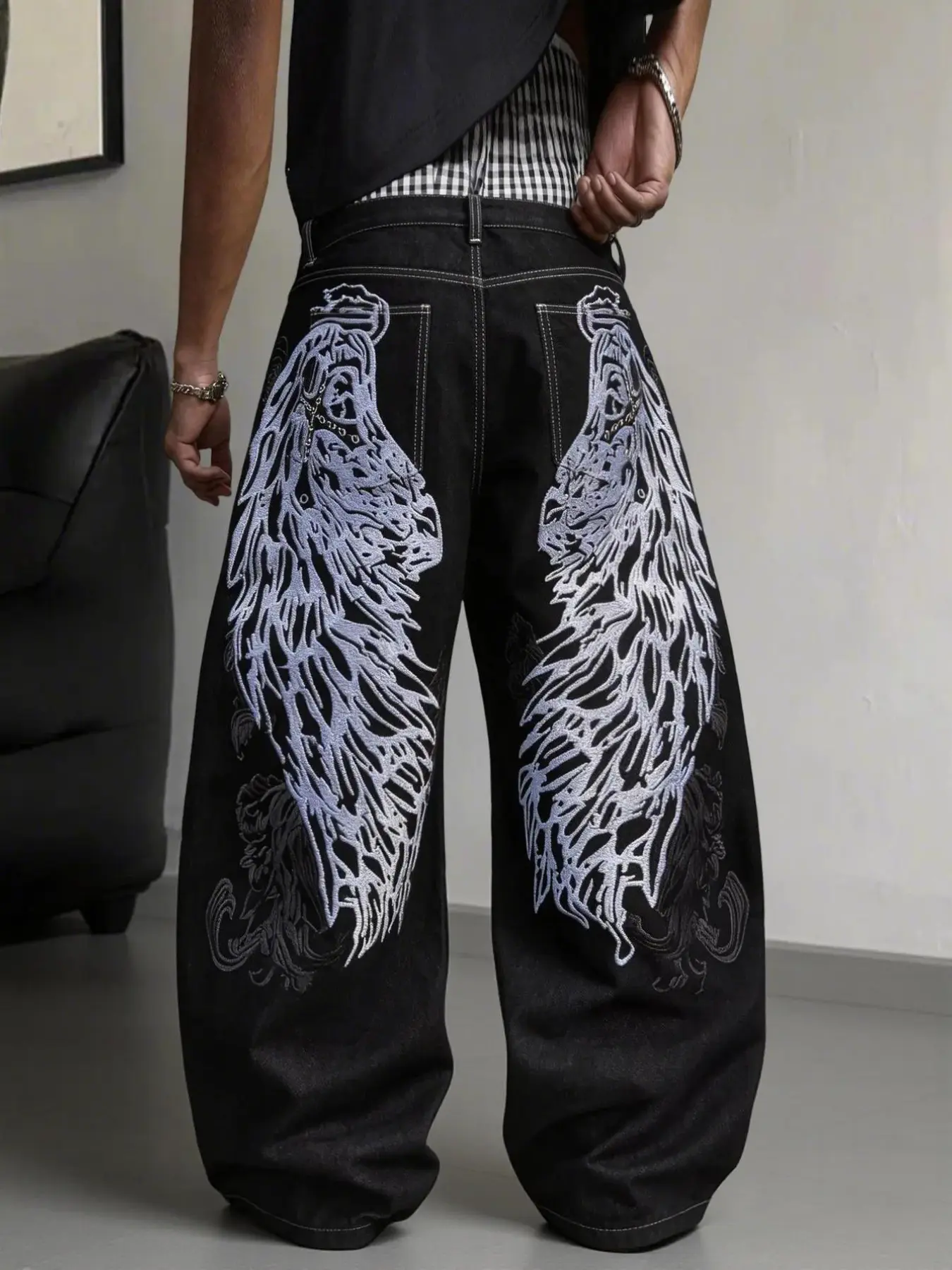 Men's Denim Jeans, Block Large Wing Embroidery Loose Fit, Y2K Street Hip Hop Fashion, All Seasons, Straight Leg Wide Leg Jeans