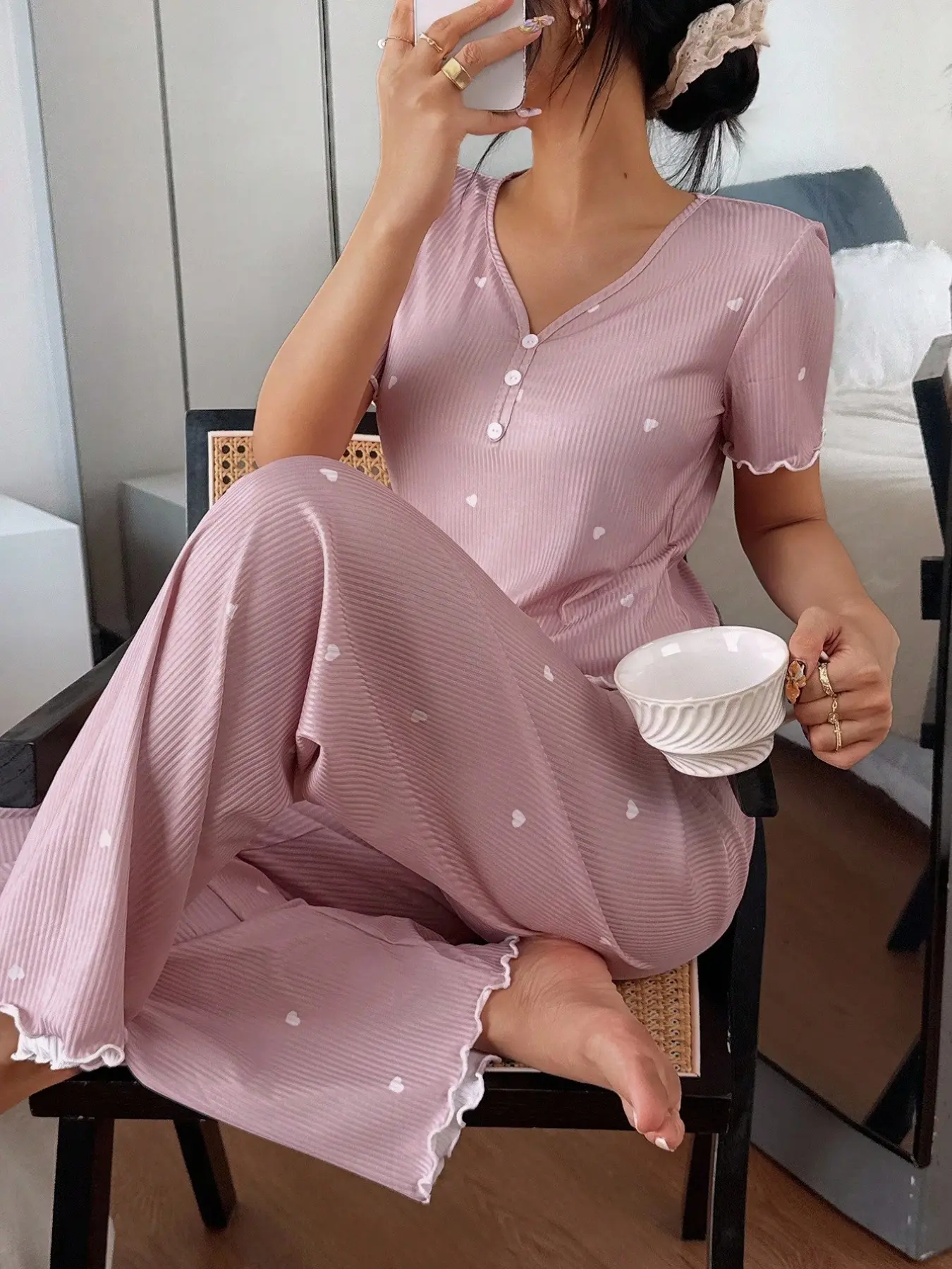 Women's V-Neck Button Heart Print Knit Pajama Set, Sleepwear, Two-Piece Soft Pajamas, Campus Style Nightwear, Button Design