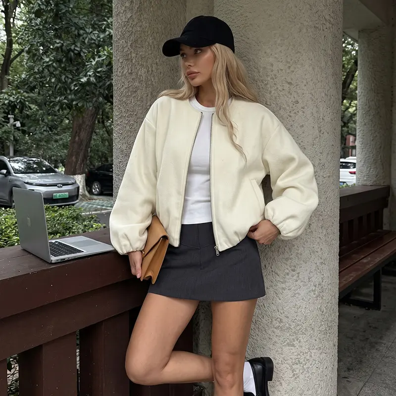 Solid color jacket, casual sports loose-fitting short jacket, new autumn stand-up collar zipper jacket